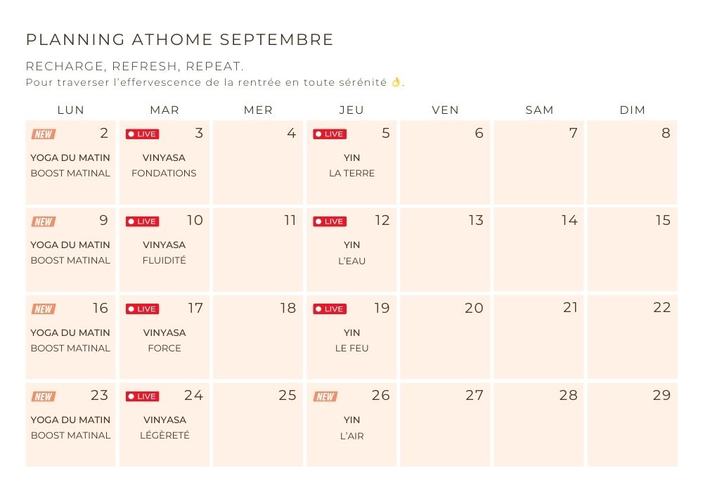 Planning du programme de rentrée de septembre sur ATHOME intitulé "Recharge, Refresh, Repeat".