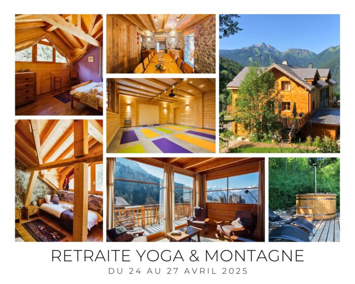 Illustration de la retraite de yoga à la montagne, avec un chalet entouré de paysages enneigés.